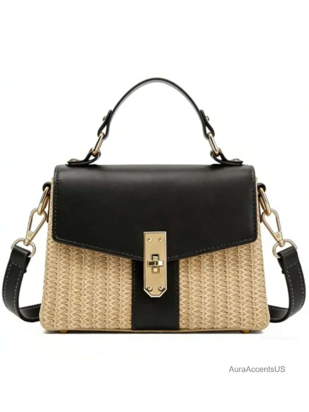 Woven Straw Satchel Crossbody Bag Faux Leather Beach Vacation Handbag
